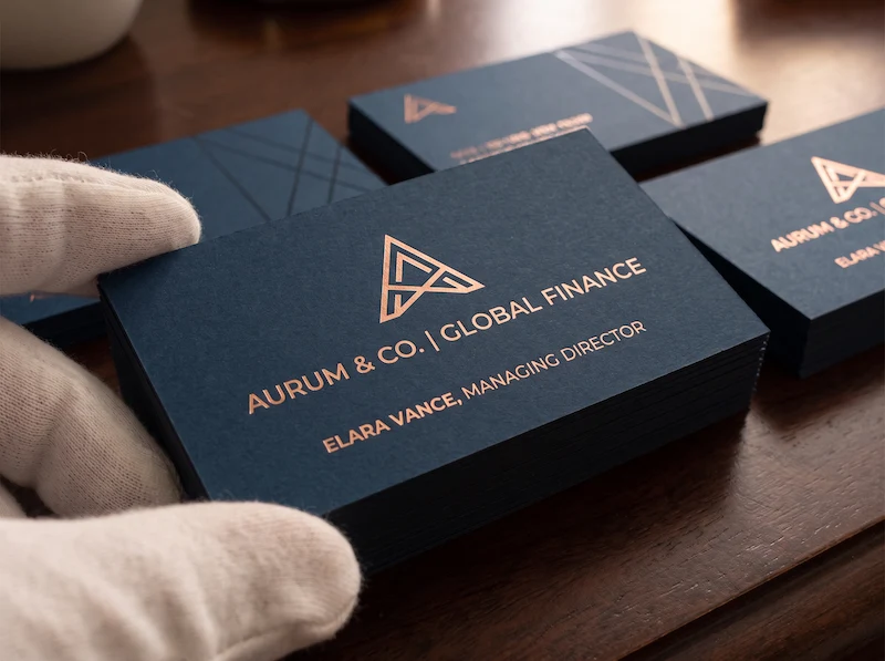 Tarjetas corporativas con foil digital oro rosa sobre papel texturizado