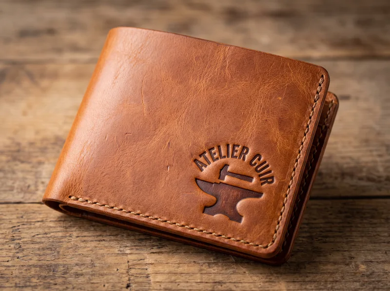 Grabado de bajo relieve por calor en cartera de cuero legítimo