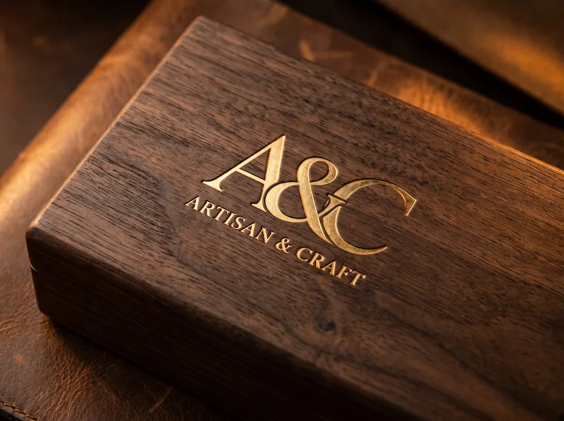 Logotipo en hot stamping oro profundo sobre caja de madera de lujo