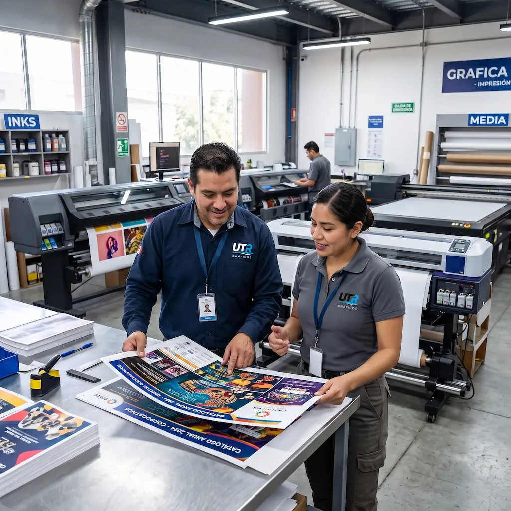 Ingenieros de soporte de UTR Gráficos revisando muestras de impresión en un taller limpio con impresoras industriales.